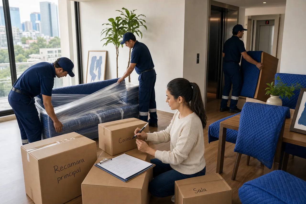 Cliente etiquetando cajas mientras el equipo protege muebles en un departamento de CDMX