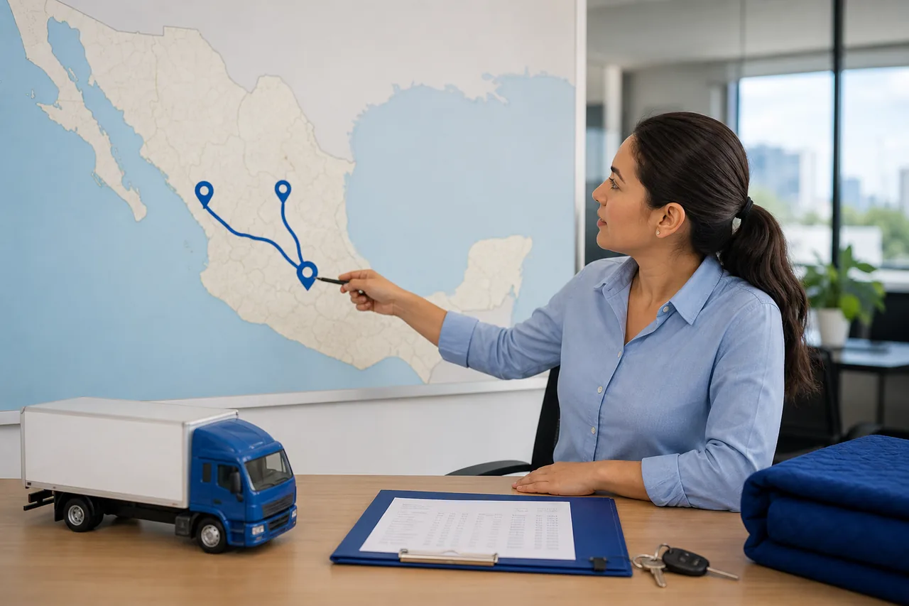 Asesora logística señalando rutas desde CDMX hacia Guadalajara y Querétaro en un mapa de México